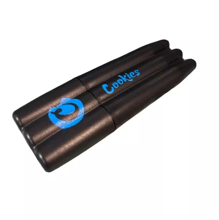 Cookies Blue Triple Cone Joint Holder, a sleek blue ceramic holder designed for storing and displaying three cannabis joints.