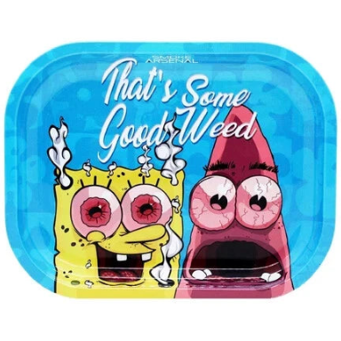 Blue cartoon character metal rolling tray with “That’s Some Good Weed” design