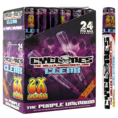 Cyclones "The Purple Unknown" clear pre-rolled cones, natural paper with purple design, ready for filling and smoking.