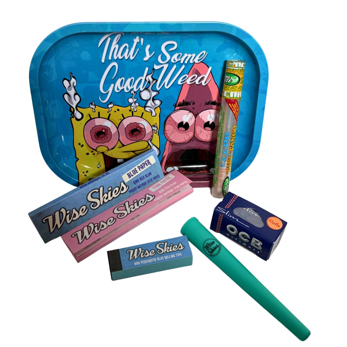 Sponge design metal rolling tray gift set with Wise Skies papers, tips, tube and OCB roll