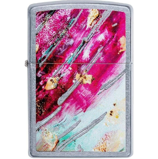 Zippo windproof lighter featuring colourful abstract brushstroke artwork in magenta, turquoise, gold and silver tones