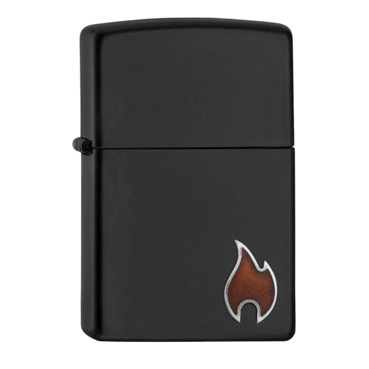 Matte black Zippo windproof lighter featuring a small metallic flame emblem on the lower corner
