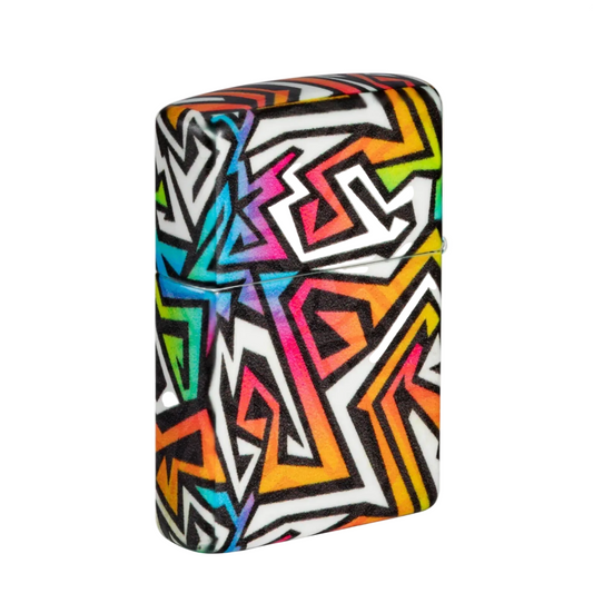 Zippo windproof lighter with vibrant multicolour geometric pattern on white matte case