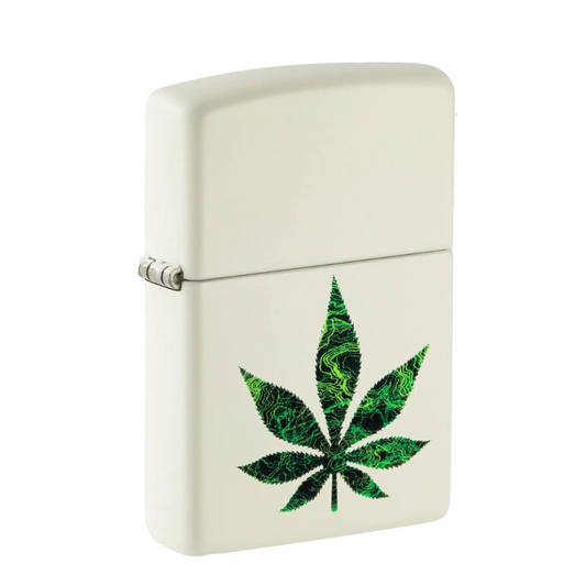 Zippo windproof lighter with white matte finish and glow in the dark green leaf design