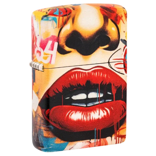 Zippo windproof lighter featuring a graffiti style lips and nose urban art design in bold red and orange colours