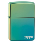 Zippo iridescent chrome windproof lighter blue green finish with white logo