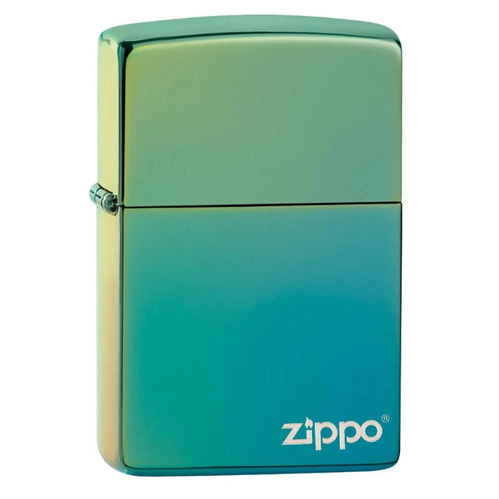 Zippo iridescent chrome windproof lighter blue green finish with white logo