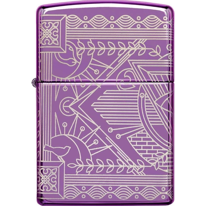 Purple Zippo windproof lighter featuring intricate silver ornate line art with floral and geometric patterns