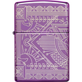Purple Zippo windproof lighter featuring intricate silver ornate line art with floral and geometric patterns
