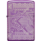 Purple Zippo windproof lighter featuring intricate silver ornate line art with floral and geometric patterns