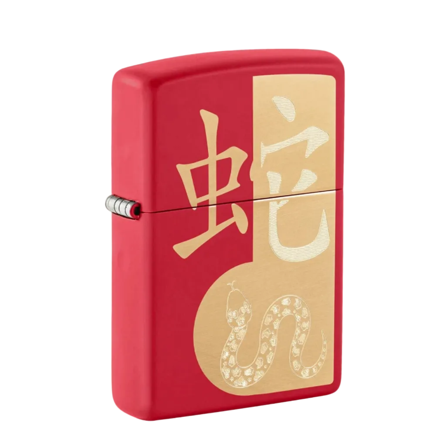 Zippo windproof lighter with red matte finish and gold Year of the Snake zodiac design